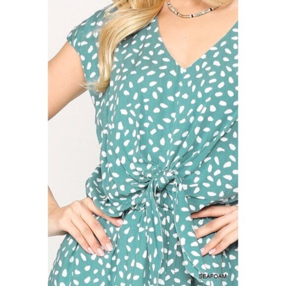 Gigio Spotted Sideways Seafoam White Polka Dot Dotted Romper Pockets New Small - Picture 7 of 9